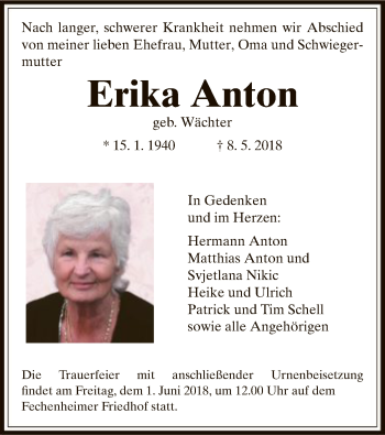 Todesanzeige von Erika Anton von Offenbach