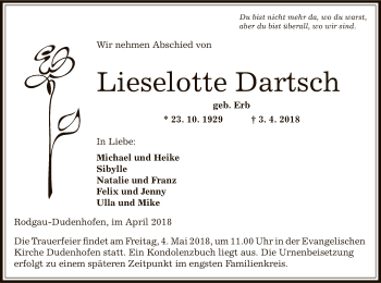 Todesanzeige von Lieselotte Dartsch von Offenbach