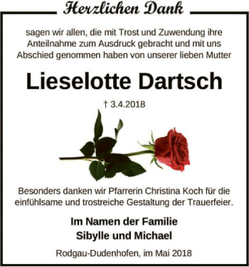 Todesanzeige von Lieselotte Dartsch von Offenbach