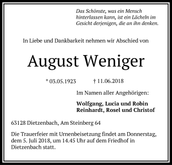 Todesanzeige von August Weniger von Offenbach