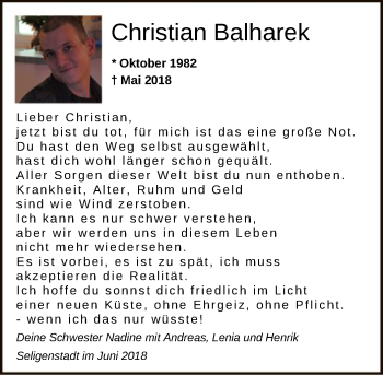 Todesanzeige von Christian Balharek von Offenbach
