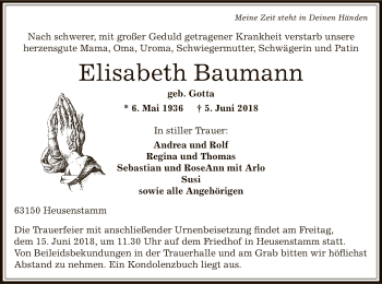 Todesanzeige von Elisabeth Baumann von Offenbach