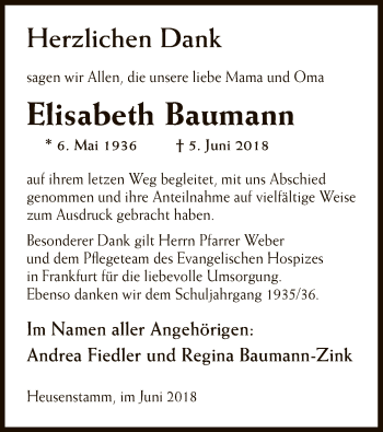 Todesanzeige von Elisabeth Baumann von Offenbach