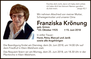 Todesanzeige von Franziska Krönung von Offenbach