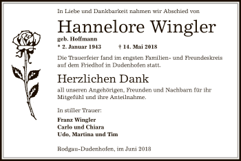 Todesanzeige von Hannelore Wingler von Offenbach