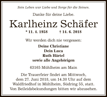 Todesanzeige von Karlheinz Schäfer von Offenbach