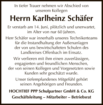Todesanzeige von Karlheinz Schäfer von Offenbach