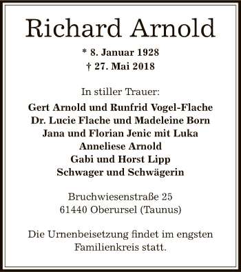 Todesanzeige von Richard Arnold von Offenbach