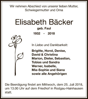 Todesanzeige von Elisabeth Bäcker von Offenbach