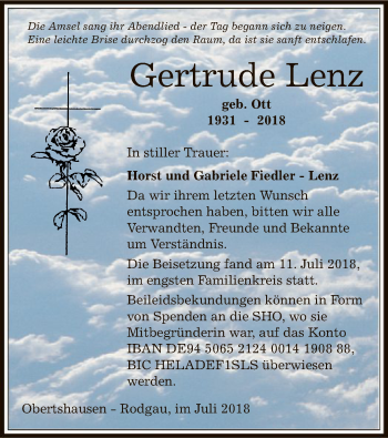 Todesanzeige von Gertrude Lenz von Offenbach