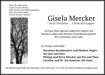 Todesanzeige von Gisela Mercker von Offenbach