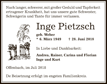 Todesanzeige von Inge Pietzsch von Offenbach
