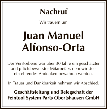 Todesanzeige von Juan Manuel Alfonso-Orta von Offenbach