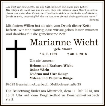 Todesanzeige von Marianne Wicht von Offenbach