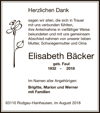 Todesanzeige von Elisabeth Bäcker von Offenbach