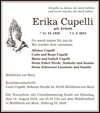 Todesanzeige von Erika Cupelli von Offenbach