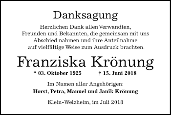 Todesanzeige von Franziska Krönung von Offenbach