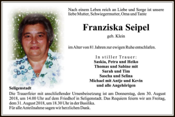 Todesanzeige von Franziska Seipel von Offenbach