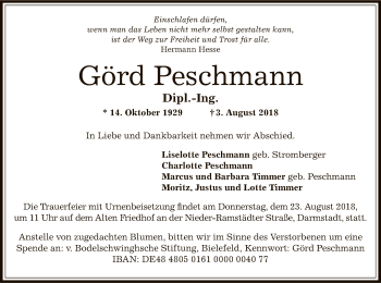 Todesanzeige von Görd Peschmann von Offenbach