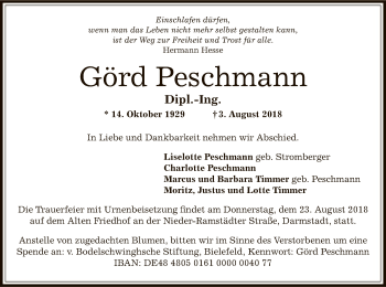 Todesanzeige von Görd Peschmann von Offenbach
