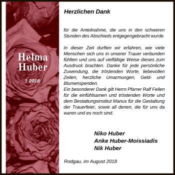 Todesanzeige von Helma Huber von Offenbach