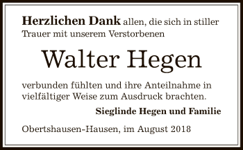 Todesanzeige von Walter Hegen von Offenbach