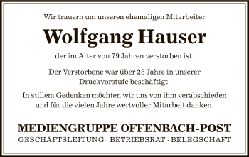 Todesanzeige von Wolfgang Hauser von Offenbach