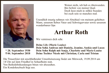 Todesanzeige von Arthur Roth von Offenbach