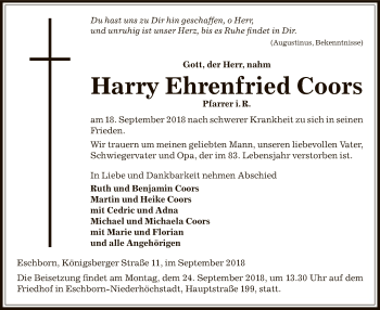 Todesanzeige von Harry Ehrenfried Coors von Offenbach