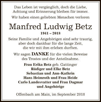 Todesanzeige von Ludwig Manfred Betz von Offenbach