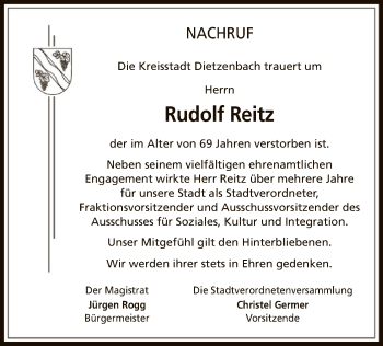 Todesanzeige von Rudolf Reitz von Offenbach