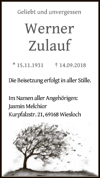 Todesanzeige von Werner Zulauf von Offenbach