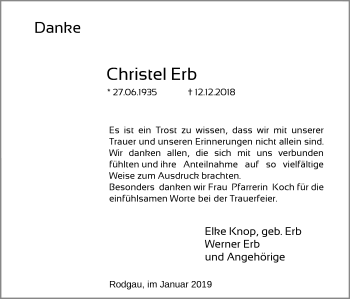 Todesanzeige von Christel Erb von Offenbach