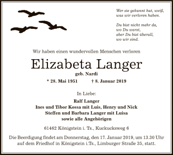 Todesanzeige von Elizabeth Langer von Offenbach