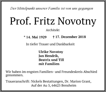 Todesanzeige von Fritz Novotny von Offenbach