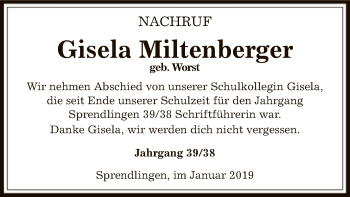 Todesanzeige von Gisela Miltenberger von Offenbach