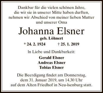Todesanzeige von Johanna Elsner von Offenbach