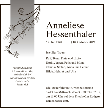 Todesanzeige von Anneliese Hessenthaler von Offenbach