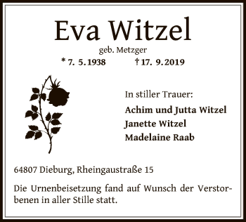 Todesanzeige von Eva Witzel von Offenbach