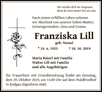 Todesanzeige von Franziska Lill von Offenbach