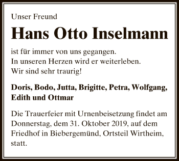 Todesanzeige von Hans Otto Inselmann von Offenbach