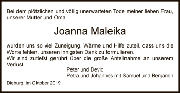 Todesanzeige von Joanna Maleika von Offenbach