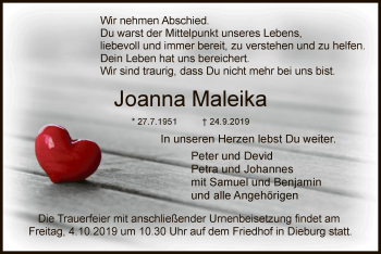 Todesanzeige von Joanna Maleika von Offenbach