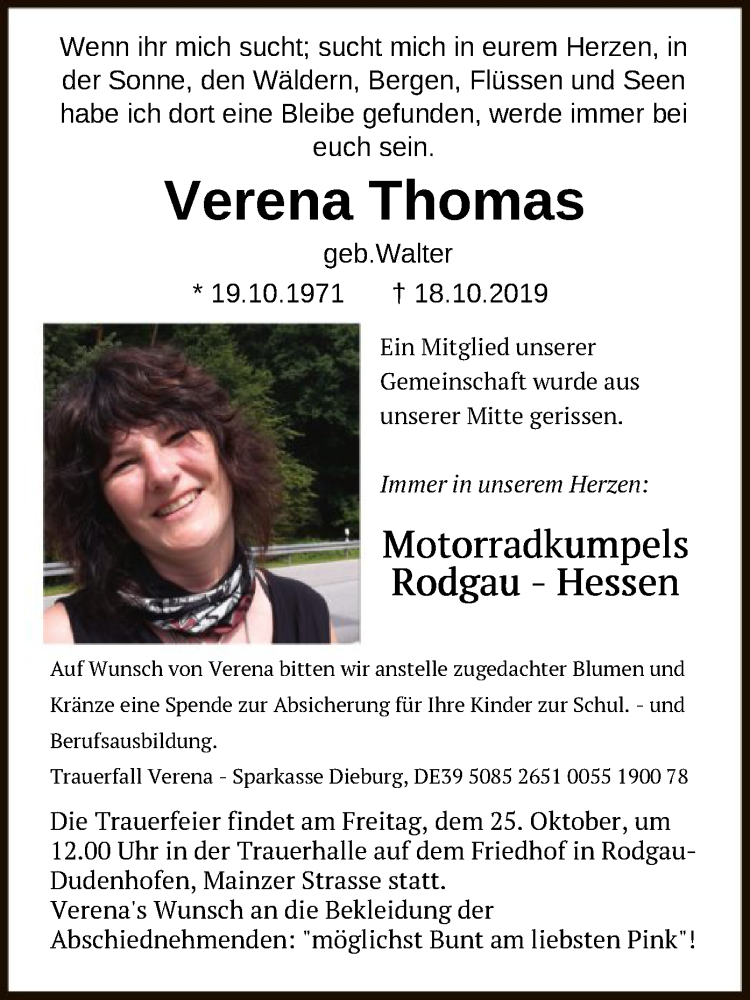  Traueranzeige für Verena Thomas vom 23.10.2019 aus Offenbach