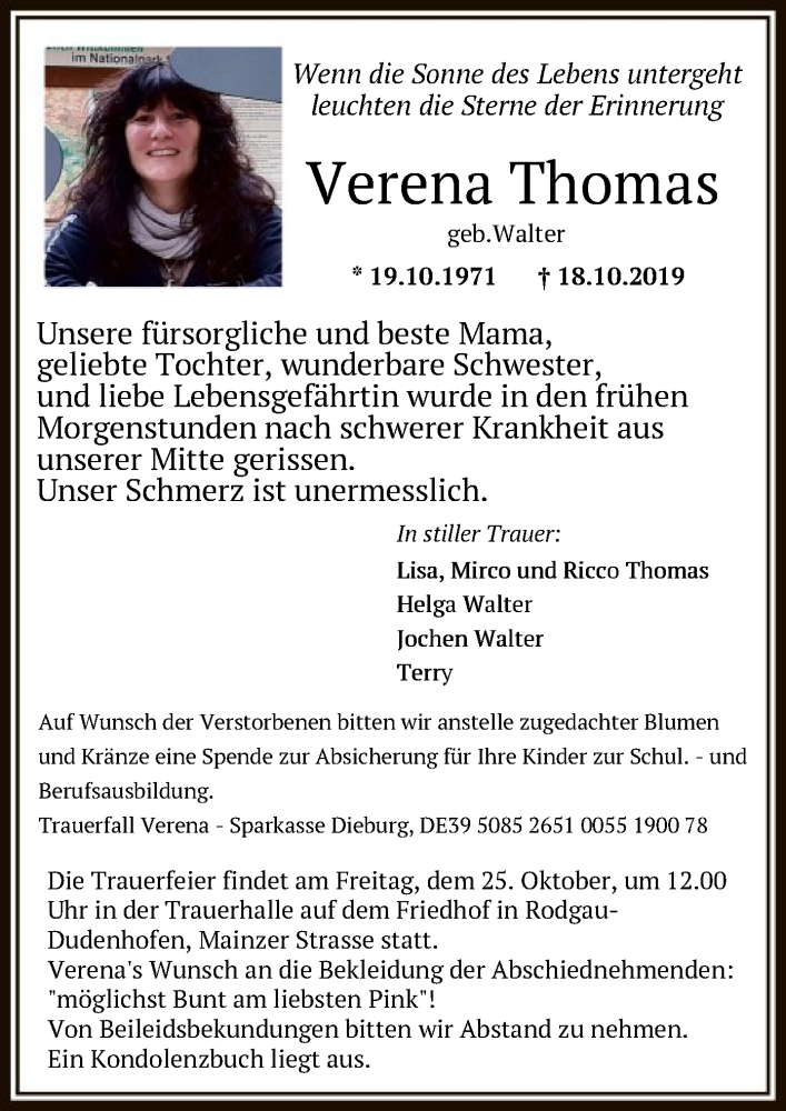  Traueranzeige für Verena Thomas vom 23.10.2019 aus Offenbach