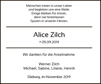 Todesanzeige von Alice Zilch von Offenbach