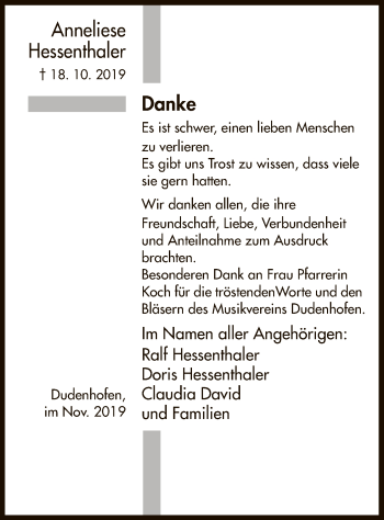 Todesanzeige von Anneliese Hessenthaler von Offenbach
