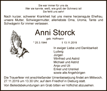 Todesanzeige von Anni Storck von Offenbach