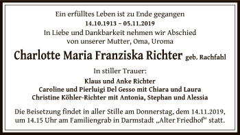 Todesanzeige von Charlotte Maria Franziska Richter von Offenbach