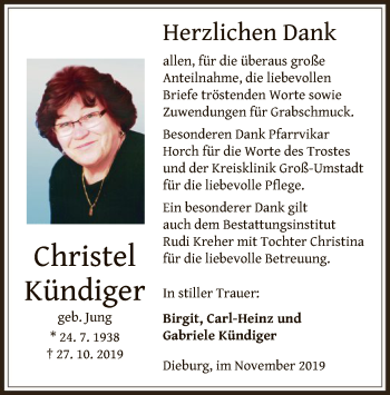 Todesanzeige von Christel Kündiger von Offenbach